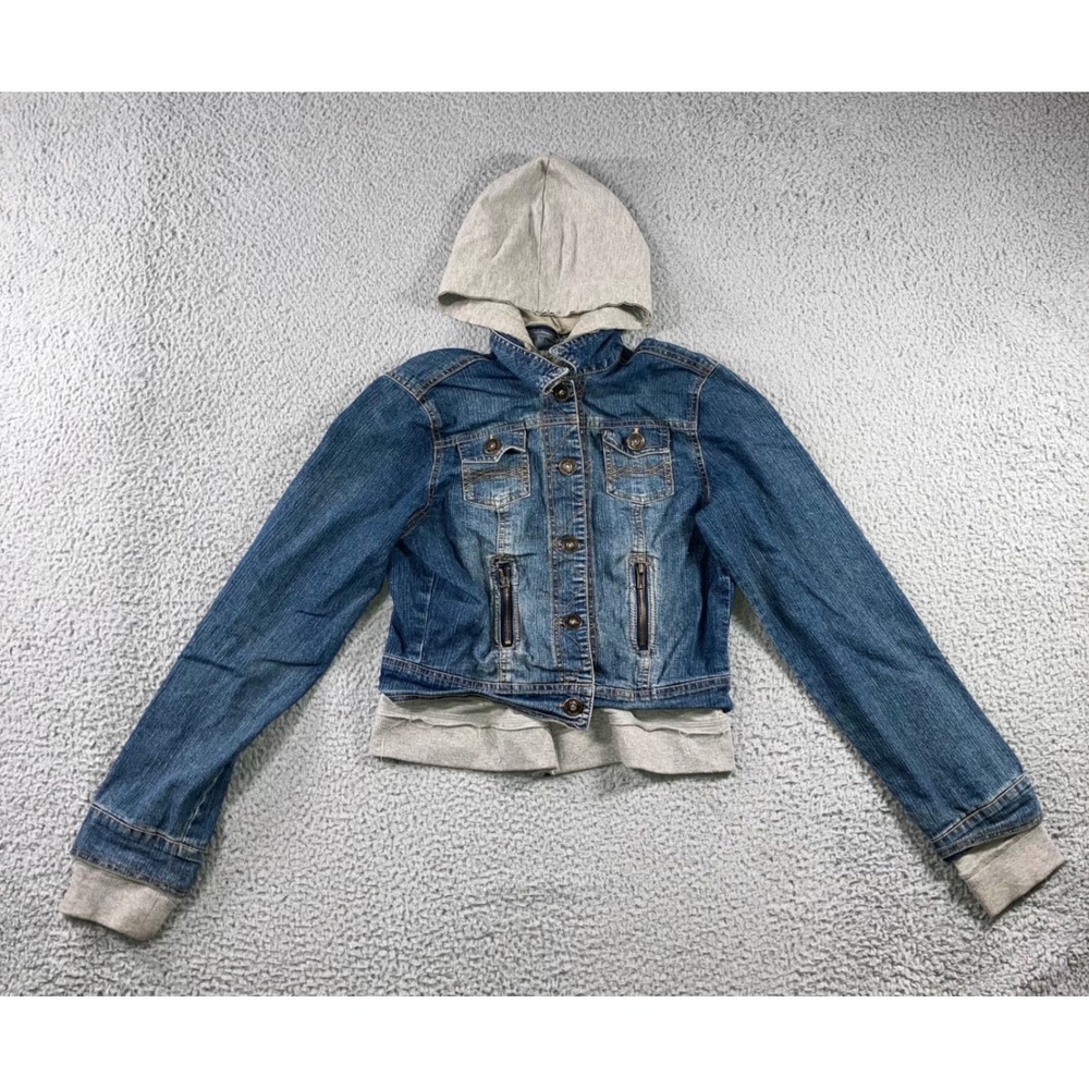 Vintage y2k Denim Jacket Women Small Blue‎ Gray Layered Hoodie Oxford Graphic